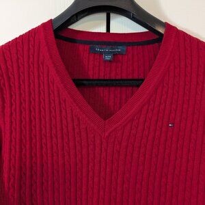 Tommy Hilfiger Women's Cable Knit Sweater Red - V Neck - Size XL